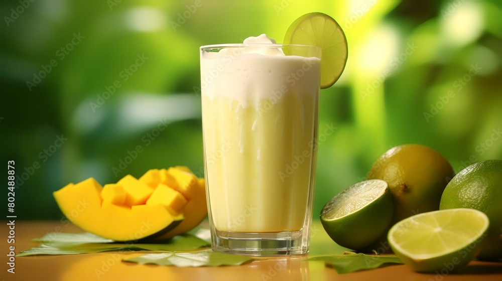 Mango smoothie in glass with lime and green leaves on a bright background Mango smoothie in glass with lime and green leaves on a bright background