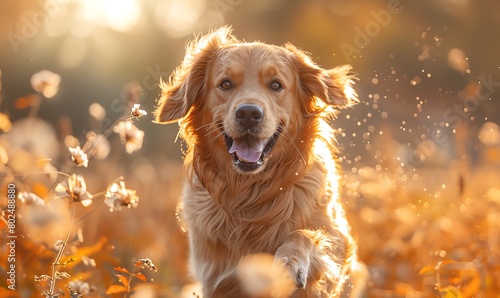 Golden retriever in a field, midjump, sunlit back, joyful expression