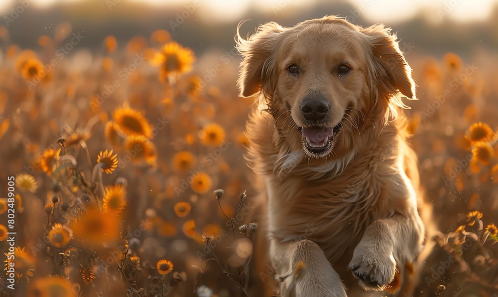 Golden retriever in a field, midjump, sunlit back, joyful expression Golden retriever in a field, midjump, sunlit back, joyful expression