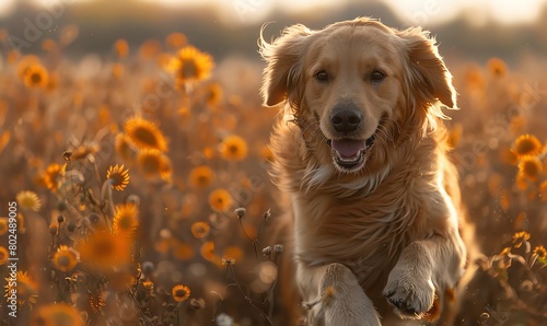 Golden retriever in a field, midjump, sunlit back, joyful expression