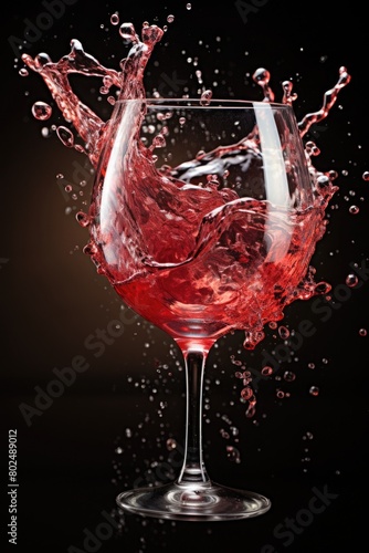 glass goblet with red wine. the drink is pouring and drops are falling. splash and dark background