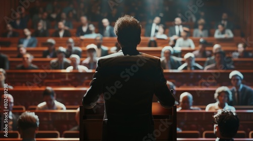 A man is captured from behind as he speaks to a blurred audience in a dimly lit auditorium photo