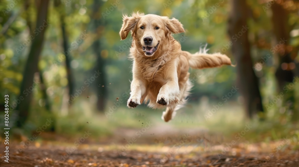 Beautiful Golden Retriever Jumping in the Air - Cute Canine Doggy with Domestic Friend on Background Beautiful Golden Retriever Jumping in the Air - Cute Canine Doggy with Domestic Friend on Background
