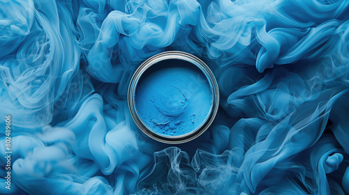 Top view of a Smokey Blue Paint Can Surrounded by Blue Smoke Bombs and Denim Fabric for an Edgy and Modern Look
