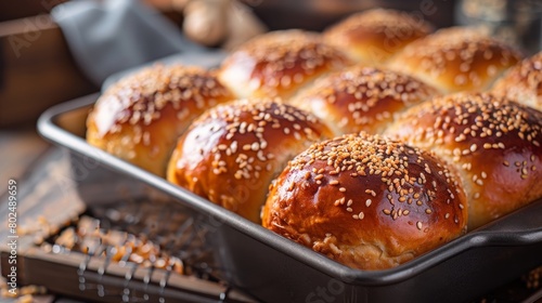 Close up shot homemade food baking concept. Fresh hot soft fluffy ginger golden brown sesame seeds buns pie bread dessert pastry in loaf pan. Bakery products, image with copy space. photo