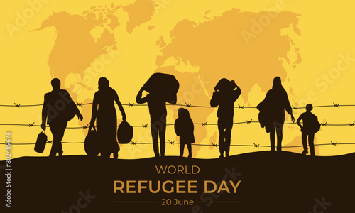 World Refugee Day.Horizontal banner with silhouettes of refugees.Vector illustration.