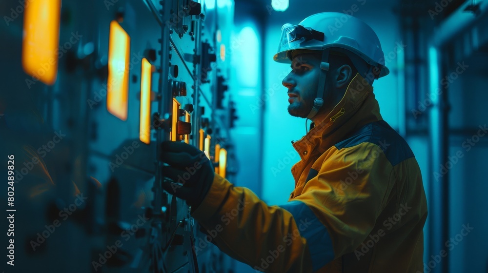 Professional caucasian white ethnicity male technician operating the heavy duty machine in the lathing factory. Technician in safety and helmet suit controlling a machine in factory. Professional caucasian white ethnicity male technician operating the heavy duty machine in the lathing factory. Technician in safety and helmet suit controlling a machine in factory.