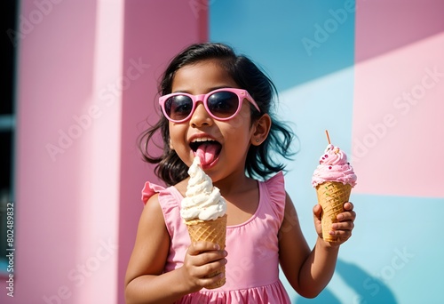 Gleeful 5-year-old Indian girl, clad in a pink dress and sunglasses, savoring a delectable ice cream treat on a lively, eye-catching background