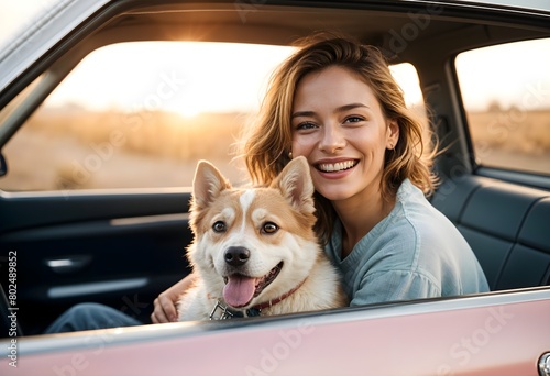 Excited cheerful lady with cute dog on the car at sunset, Travel concept