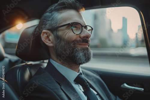 Portrait of a business executive man commuting to work sitting back seat of the car © ink drop