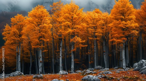 In Ordesa National Park in Spain, golden leaves grow on trees in the woods during the fall season © DZMITRY
