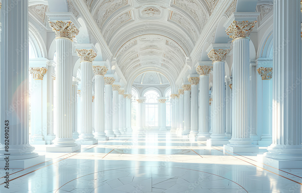 White marble pillars, golden decorations, large hall, white walls, floor with reflections of light and sun rays, Greek architecture. Created with Ai