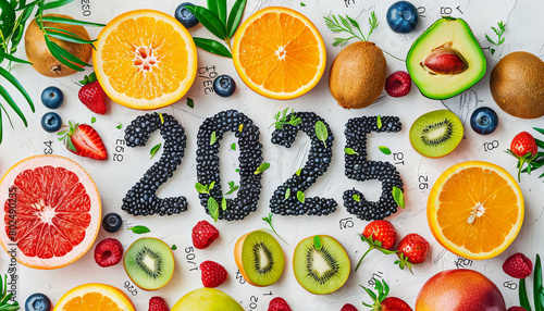 Fruit 2025 Numbers, berry New Year greeting card, juicy ripe orange celebrate banner, citrus mix eve