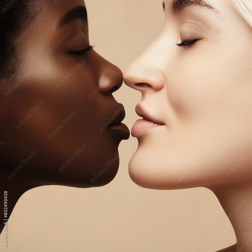 Obraz premium Profile of two young women closed eyes, one Caucasian and the other African American, as they are about to exchange a kiss on the lips. Concept of love, relationship, positive feelings, happiness