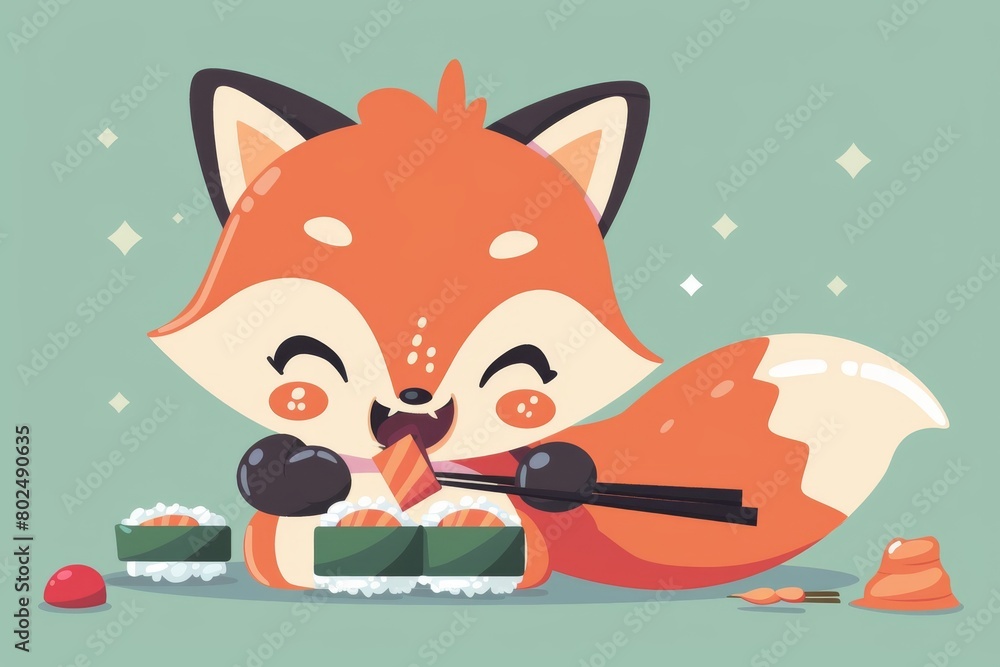 Obraz premium Cute Fox Eating Sushi with Chopstick, Cartoon Susi Logo, Animal Japanese Food Icon, Foxy Maki