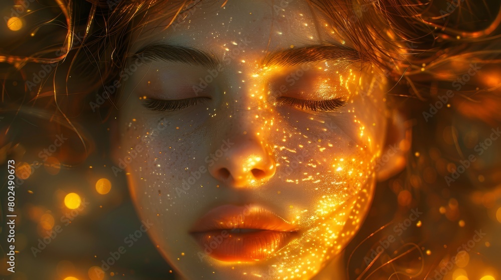 With ethereal lights surrounding her, a woman closes her eyes in reflection, showing a profound connection between spirituality and mental peace.