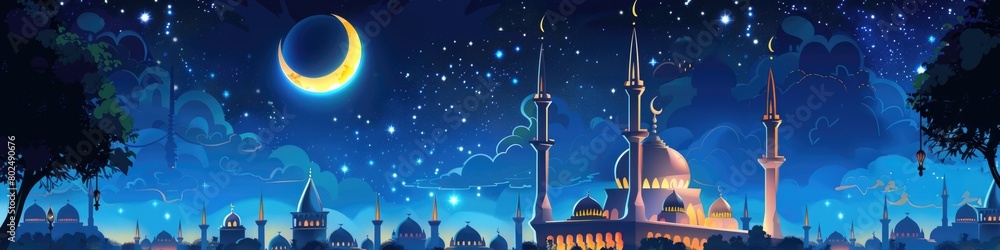 night scene featuring a crescent moon illuminating a beautifully detailed mosque with minarets and a starry sky, representing the start of the Islamic New Year night scene featuring a crescent moon illuminating a beautifully detailed mosque with minarets and a starry sky, representing the start of the Islamic New Year