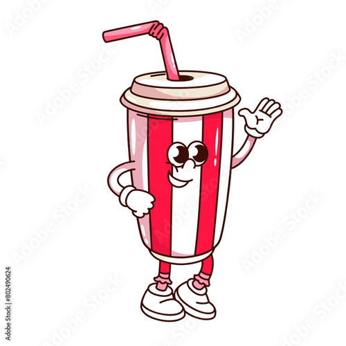 Groovy soda water cup cartoon character waving. Funny retro paper container with lid and straw greeting, drink for cinema movie mascot, cartoon cup sticker of 70s 80s style vector illustration
