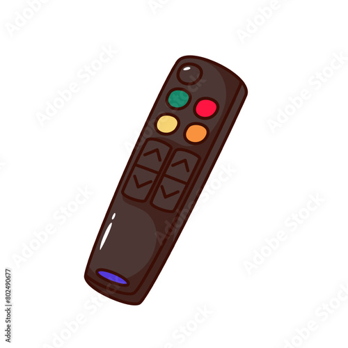 Groovy cartoon TV remote control with push buttons. Funny retro remote controller of wireless power media device, home television mascot, cartoon sticker of 70s 80s style vector illustration