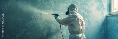 Decorator in protective overalls painting wall with spray gun indoors photo