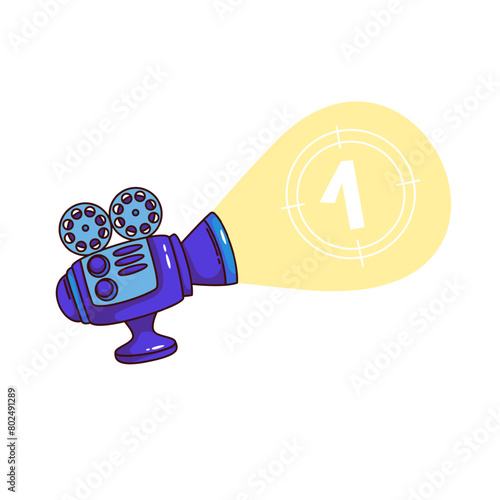 Groovy cartoon retro movie camera with number 1 in beam sight. Funny vintage cinema projector, cinematography and TV show mascot, cine equipment cartoon sticker of 70s 80s style vector illustration