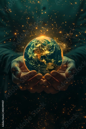 Human hands holding planet earth, concept of conservation earth. Earth day illustration