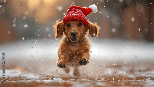 A dachshund puppy wearing Santa hat running in the snow. Created with Ai photo