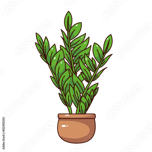 Groovy cartoon Zamioculcas plant in clay brown pot. Funny retro rounded planter with tropical plant  office and home garden mascot  cartoon potted flower sticker of 70s 80s style vector illustration