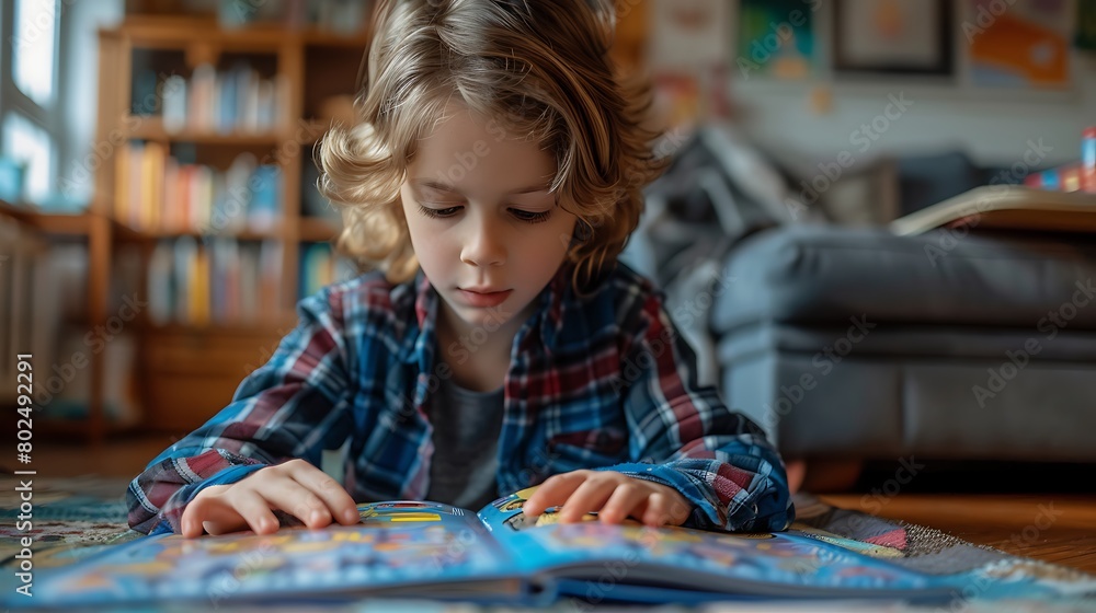 Fototapeta premium A focused child engrossed in reading a colorful book in a cozy home environment. 