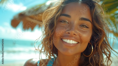 Smiling young woman with sun-kissed skin enjoying a sunny beach day  © Athena