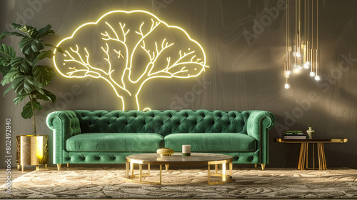 A luxurious living room where a plush green velvet sofa pairs with the glow of a neon tree pattern on a  photo