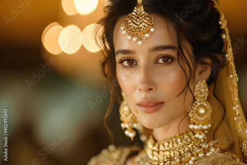 Young beautiful indian woman in gold jewelery