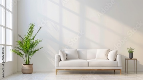 Bright and cozy modern living room interior have sofa and plant with white wall.