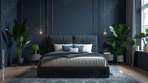 Dark bed and mockup dark blue wall in bedroom interior, 3D.