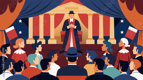 A somber and respectful atmosphere fills the historic theater as actors perform famous patriotic speeches and poems from throughout the nations. Vector illustration