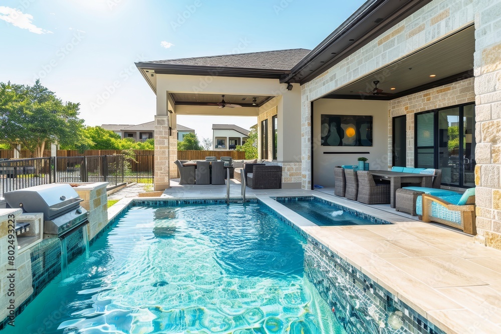 A beautiful backyard with a swimming pool patio furniture and a grill. A beautiful backyard with a swimming pool patio furniture and a grill.