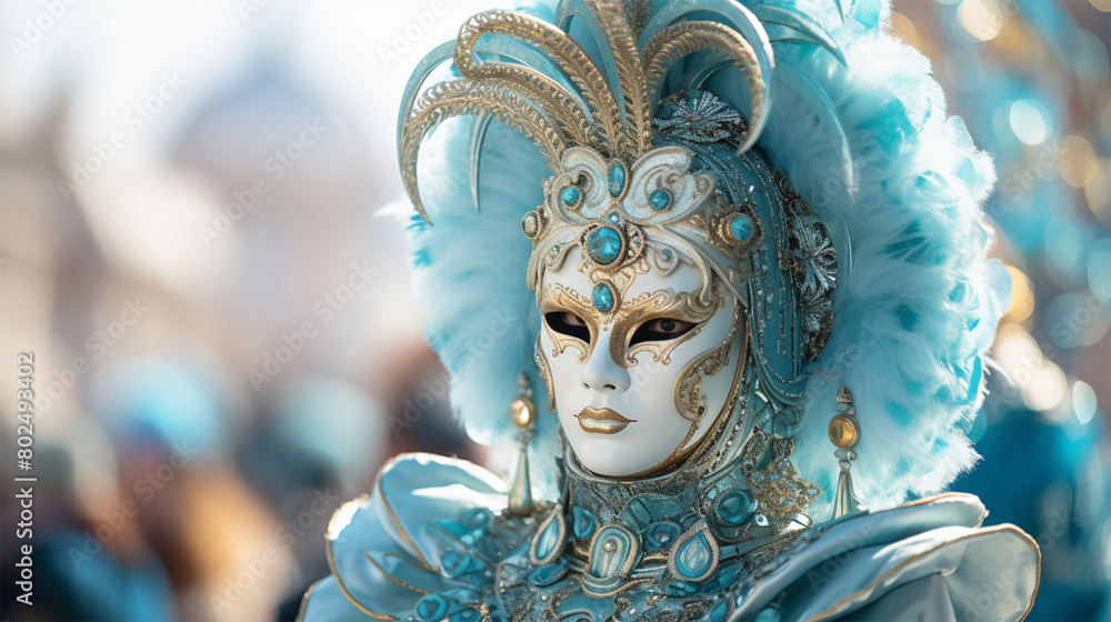 Image of a mysterious man in a beautiful carnival blue mask with gold Image of a mysterious man in a beautiful carnival blue mask with gold