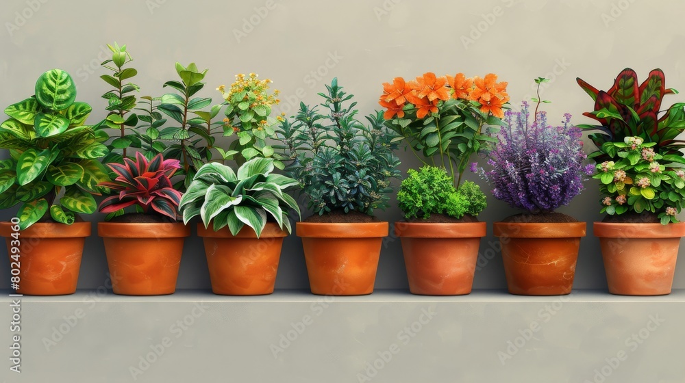 Isolated elements on white of home plants or flowers in pots, home garden or greenhouse. Scandinavian flat style. Modern illustration.