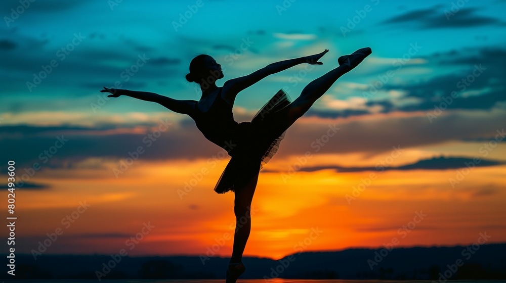 Elegant ballet dancer silhouetted against a vibrant sunset sky