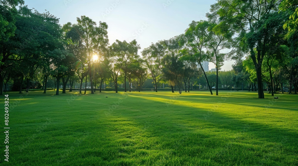 beautiful morning light in public park with green grass