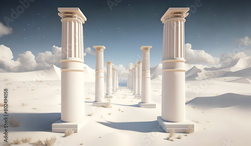 ancient Ruins Construction with columns of lost civilization world around white dune. Digital artwork. Ai generated