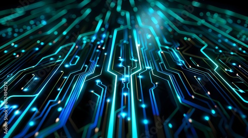 3d render of glowing circuit board lines on black background, blue and green colors, low angle shot, high resolution photography 