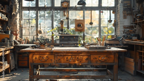 Workshop table with carpentry tools, natural light, detailed, artisan atmosphere photo