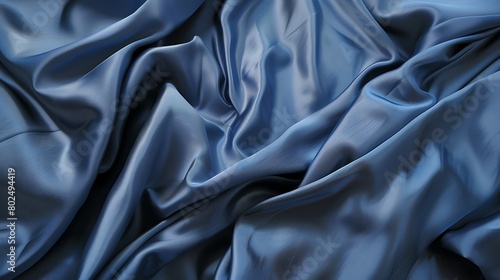 Elegant blue satin fabric texture draped gracefully with soft folds and gentle ripples, perfect as an abstract luxury background or design element. 