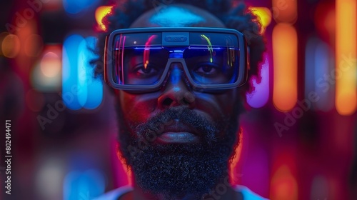 An image of a young guy with a beard wearing virtual reality glasses on a dark background. Augmented reality, science, future technology concept. VR. Futuristic 3D glasses with virtual projection. © Diana