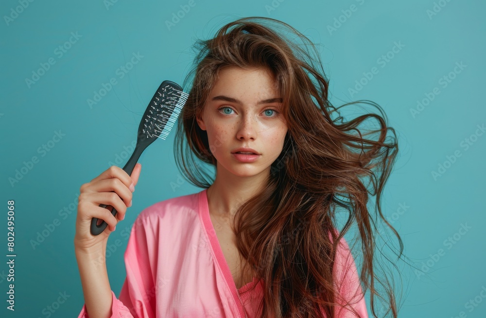 woman holding hairbrush with broken and falling out hairs on blue background, wearing pink shirt woman holding hairbrush with broken and falling out hairs on blue background, wearing pink shirt
