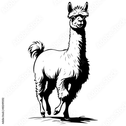 Alpaca jumps engraving drawing of wild animal, monochrome isolated artwork