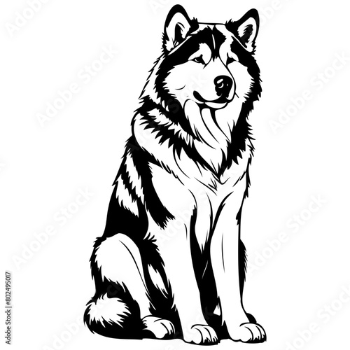 Alaskan Malamute sitting drawing, black silhouette animal vector, isolated animal