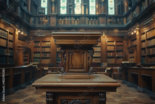 Vintage wooden podium in an old library, soft light, quiet, scholarly atmosphere photo