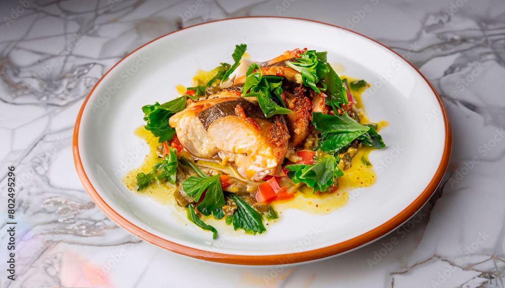 Bacalau garnished with greens in a plate on a white marble serving table Bacalau garnished with greens in a plate on a white marble serving table